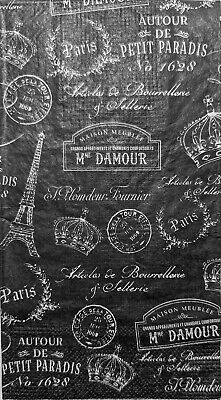 TWO Individual Paper Guest Decoupage Napkins - 1801 Paris Bound w/ Postage Black