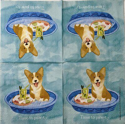 TWO Individual Paper Cocktail Decoupage Napkins - 1588 Corgi Paw-ty Time