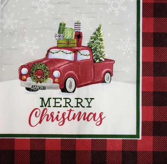 TWO Individual Paper Lunch Decoupage Napkins - 2135 Plaid Christmas Red Truck