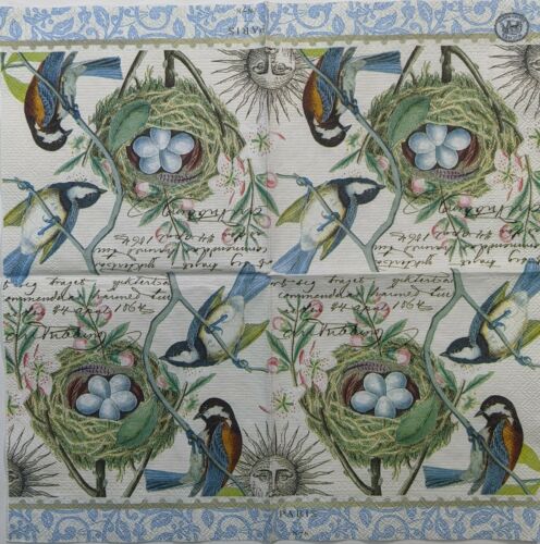 TWO Individual Paper Cocktail Decoupage Napkins- Blue Bird Nest 1155