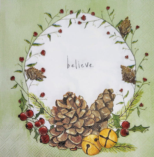 TWO Individual Paper Cocktail Decoupage Napkins - 2177 Believe Pinecone Wreath