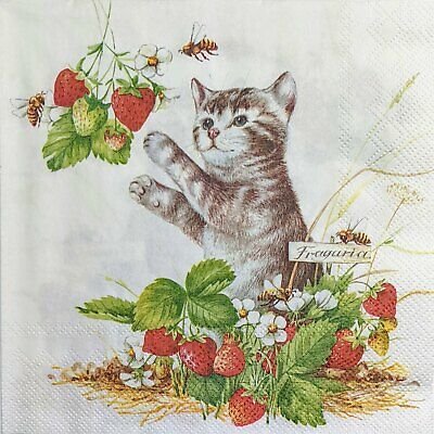 TWO Individual Paper Lunch Decoupage Napkins - 1979 Strawberry Field Kitten