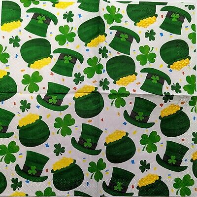 TWO Individual Paper Cocktail Decoupage Napkins - 1810 St Patrick's Pot of Gold