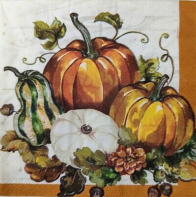 TWO Individual Paper Cocktail Decoupage Napkins - 1672 Bountiful Pumpkins