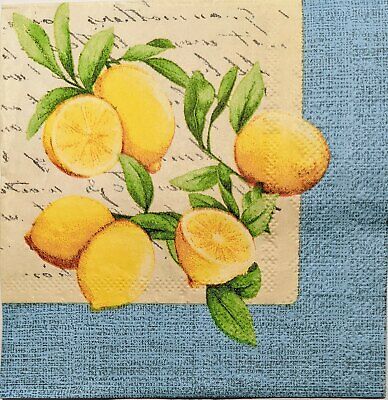 TWO Individual Paper Cocktail Decoupage Napkins-1819 Scripted Lemons Blue Border