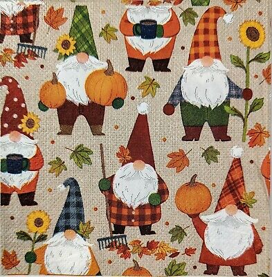 TWO Individual Paper Cocktail Decoupage Napkins - 1669 Fall Gnomes