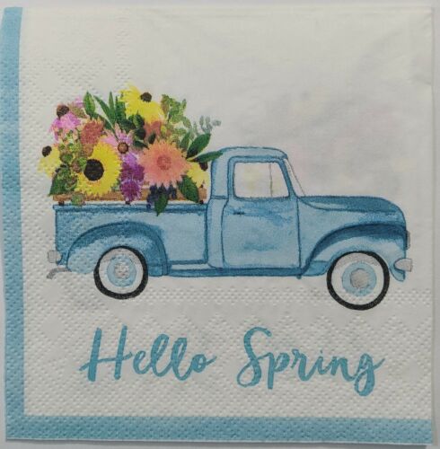 TWO Individual Paper Cocktail Decoupage Napkins - Blue Truck Hello Spring 1189