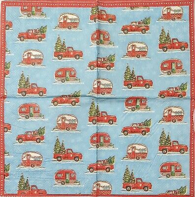 TWO Individual Paper Cocktail Decoupage Napkins- 1770 Christmas Trucks & Campers