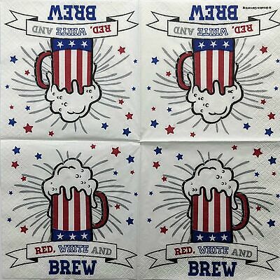 TWO Individual Paper Cocktail Decoupage Napkins - 1393 USA Red White & Brew Beer