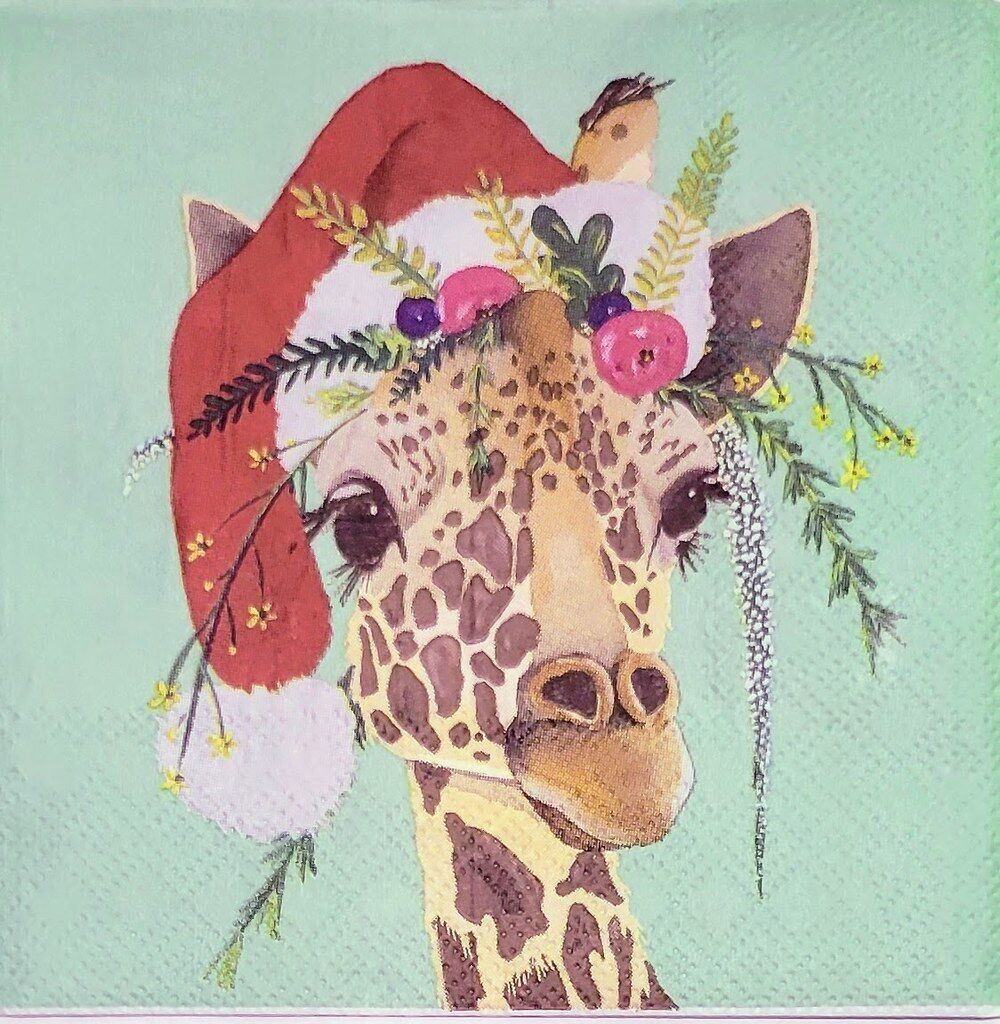 2 Individual Paper Cocktail Decoupage Napkins - 2228 Claire Giraffe in Santa Hat