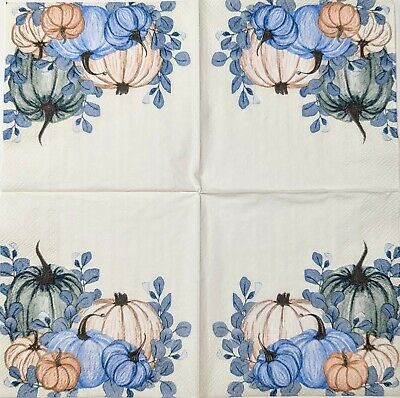 TWO Individual Paper Cocktail Decoupage Napkins - 1655 Blue Pumpkin Patch