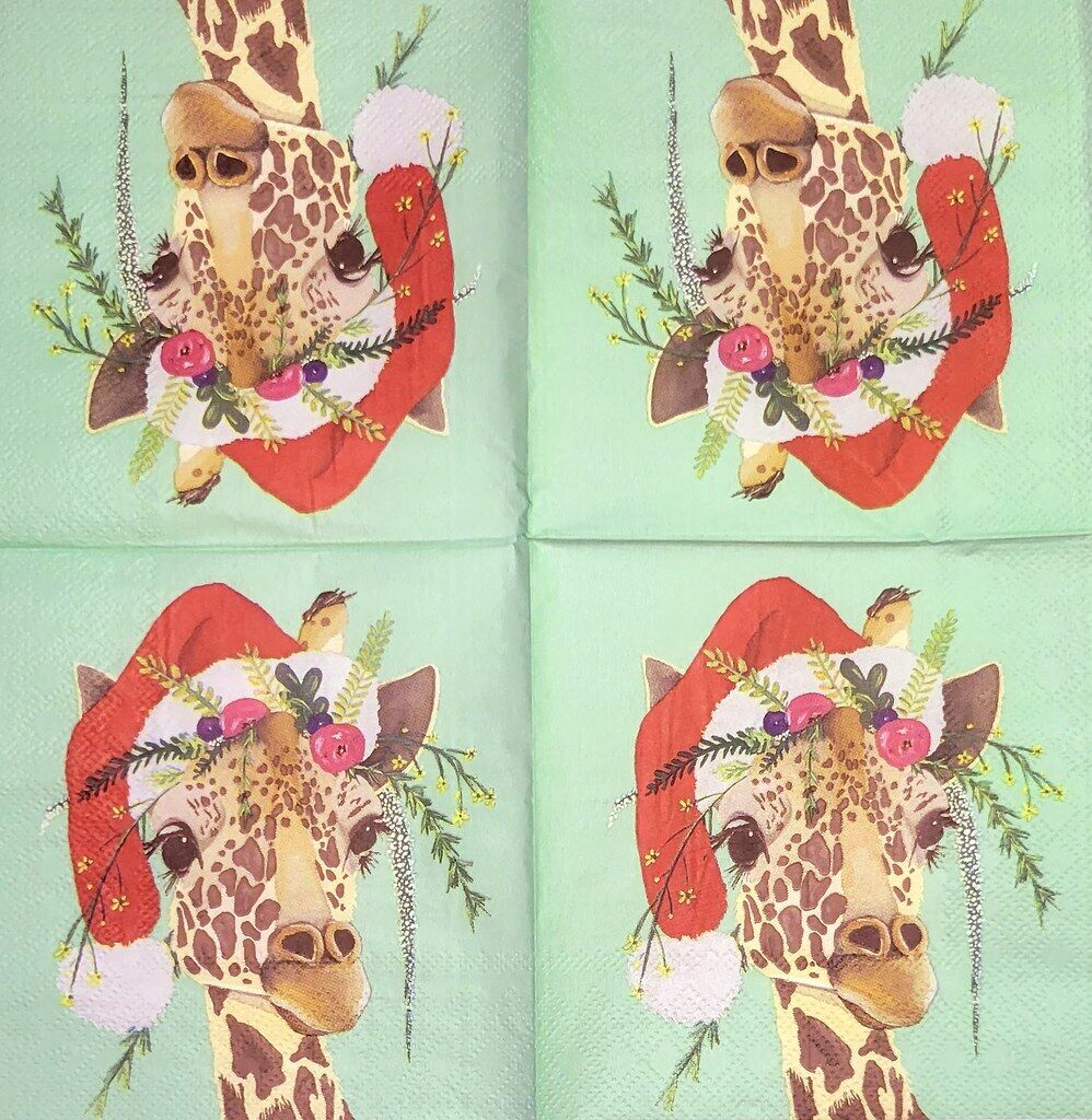 2 Individual Paper Cocktail Decoupage Napkins - 2228 Claire Giraffe in Santa Hat