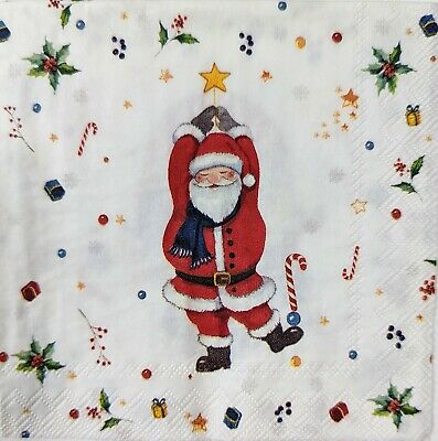 TWO Individual Paper Cocktail Decoupage Napkins - 1699 Holiday Posing Santa