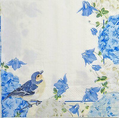 TWO Individual Paper Lunch Decoupage Napkins - 1977 Blue Songbird Hydrangea