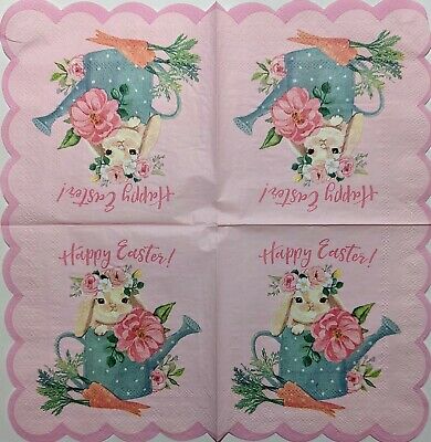 2 Individual Paper Cocktail Decoupage Napkins-1809 Happy Easter Scalloped Bunny