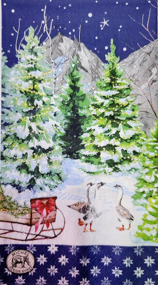 TWO Individual Paper Guest Decoupage Napkins- 2204 Christmas Snow Sledding Geese