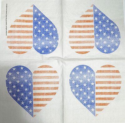 TWO Individual Paper Cocktail Decoupage Napkins - 2001 American Flag Heart