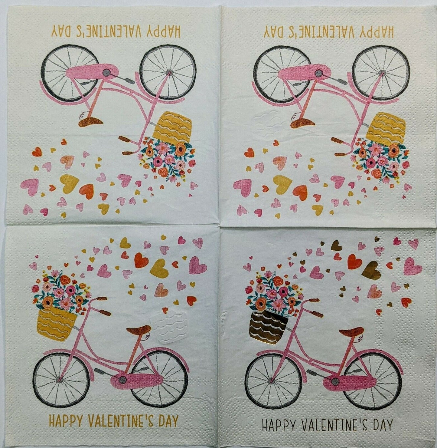 TWO Individual Paper Cocktail Decoupage Napkins - Valentine Pink Bike Love 1233