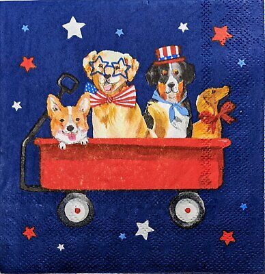 TWO Individual Paper Cocktail Decoupage Napkins - 1988 Patriotic Dogs in Wagon