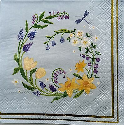 TWO Individual Paper Cocktail Decoupage Napkins - 1414 Blue Springtime Wreath