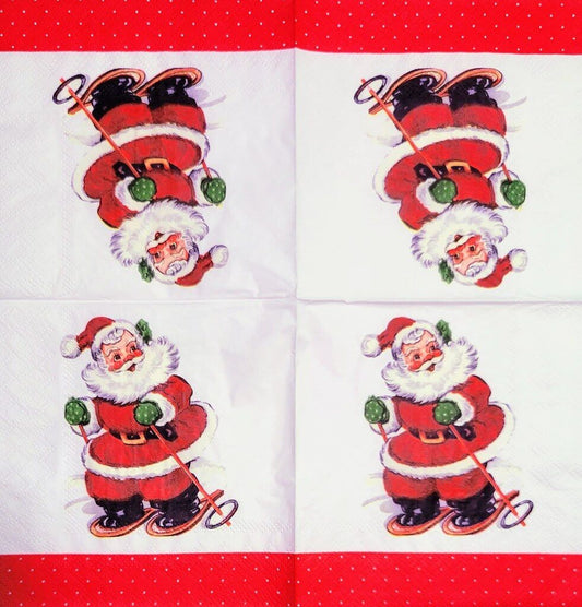 TWO Individual Paper Cocktail Decoupage Napkins- 2225 Skiing Santa Clause Red