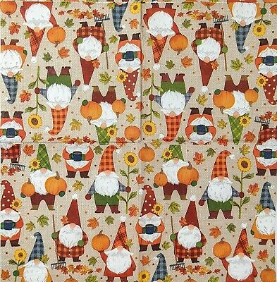 TWO Individual Paper Cocktail Decoupage Napkins - 1669 Fall Gnomes