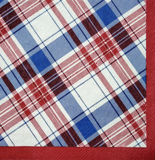 2 Individual Paper Cocktail Decoupage Napkins - 2061 Diagonal Plaid w Red Border