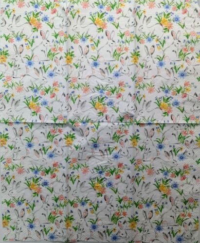 TWO Individual Paper Guest Decoupage Napkins - Easter Bunnies Flower Patch 1220