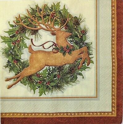 TWO Individual Paper Lunch Decoupage Napkins - 1719 Reindeer Wreath