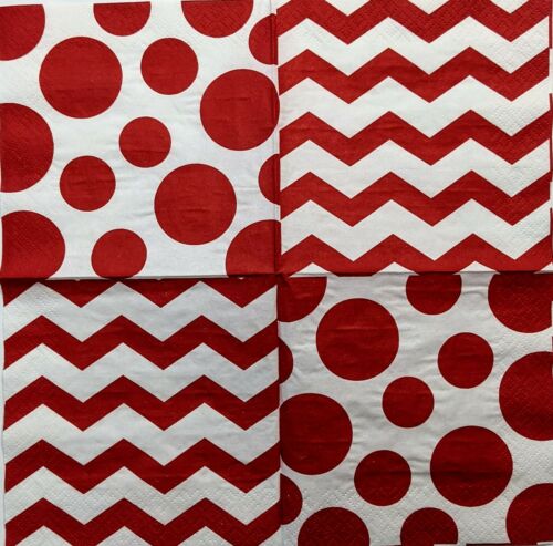 TWO Individual Paper Cocktail Decoupage Napkins- Red Polka Dot Chevron 1159