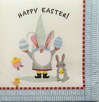 TWO Individual Paper Cocktail Decoupage Napkins - 1814 Happy Easter Gnomes