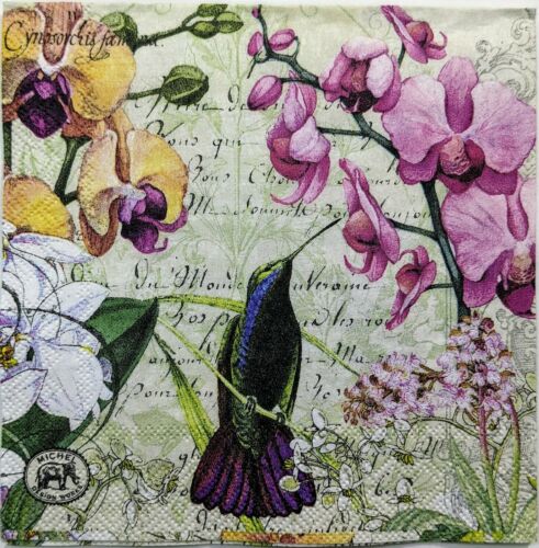 TWO Individual Paper Cocktail Decoupage Napkins- Orchids In Bloom w/ Birds 1153