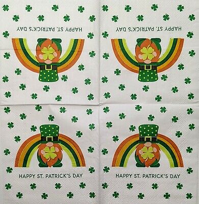 TWO Individual Paper Cocktail Decoupage Napkins - 1848 St Patrick's Day Gnome