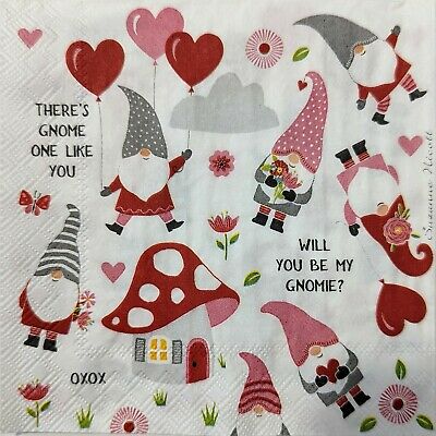 TWO Individual Paper Cocktail Decoupage Napkins - 1757 Valentine Gnomes