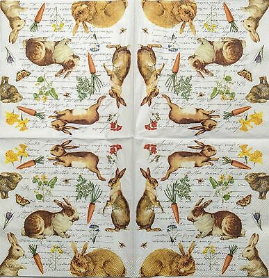 TWO Individual Paper Cocktail Decoupage Napkins - 1893 Scripted Bunny Hunt