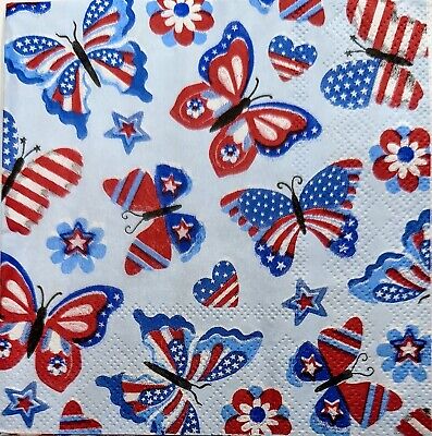 TWO Individual Paper Cocktail Decoupage Napkins - 1990 Patriotic Butterflies