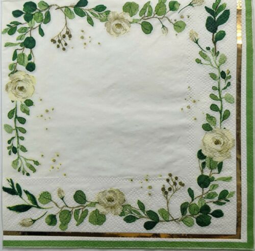 2 Indvidual Paper Lunch Decoupage Napkins - Aspen Green Flora w/Foil Trim 1267