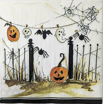 TWO Individual Paper Cocktail Decoupage Napkins - 1585 Halloween Spooky Fence