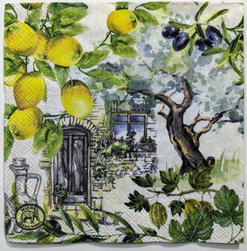 TWO Individual Paper Cocktail Decoupage Napkins - Country House Lemon/Olive 1092