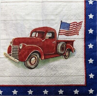 TWO Individual Paper Cocktail Decoupage Napkins - 1997 Red Patriotic Truck