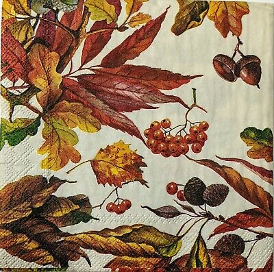 TWO Individual Paper Cocktail Decoupage Napkins - 1561 Fall's Leaves & Berries