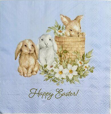 TWO Individual Paper Cocktail Decoupage Napkins - 1983 Happy Easter Floppy Ears