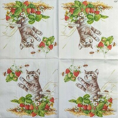 TWO Individual Paper Lunch Decoupage Napkins - 1979 Strawberry Field Kitten