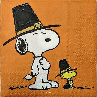 TWO Individual Paper Cocktail Decoupage Napkins - 1582 Snoopy Woodstock Pilgrims