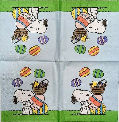 TWO Individual Paper Cocktail Decoupage Napkins - 1914 Snoopy Woodstock Easter