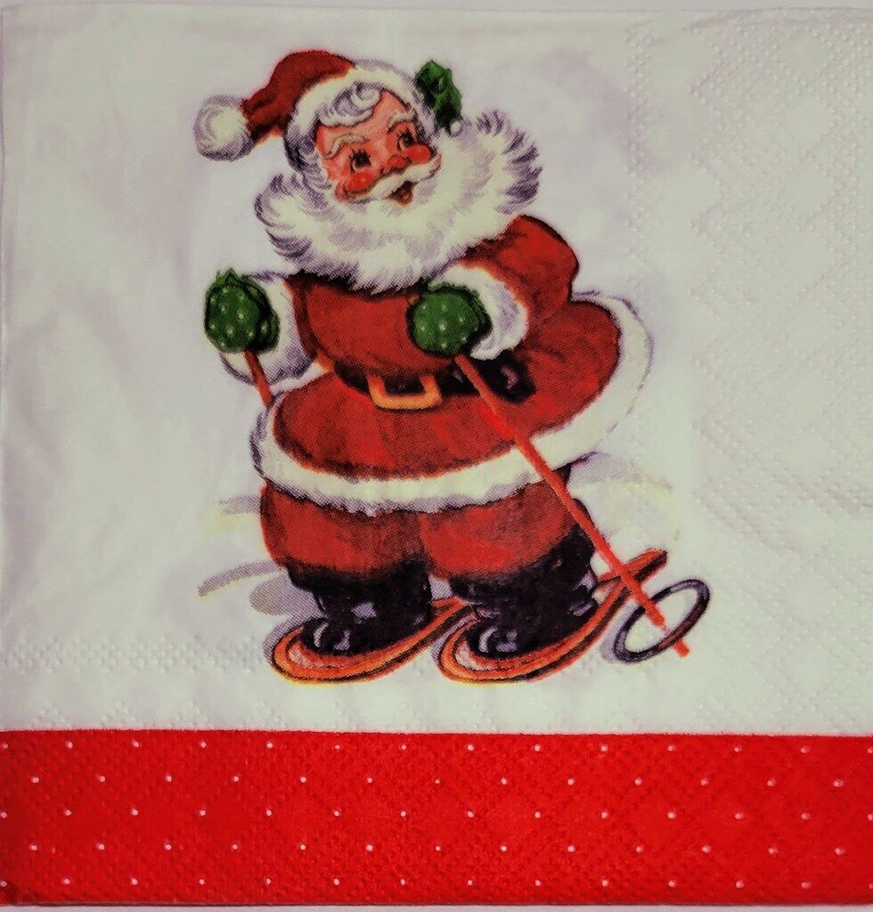 TWO Individual Paper Cocktail Decoupage Napkins- 2225 Skiing Santa Clause Red