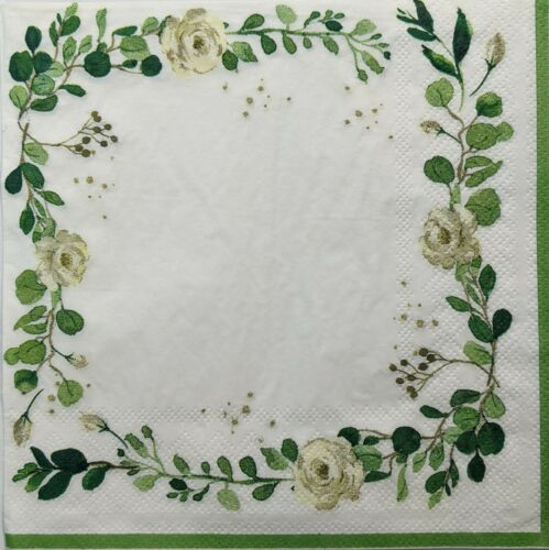 2 Indvidual Paper Lunch Decoupage Napkins - Aspen Green Flora w/Foil Trim 1267