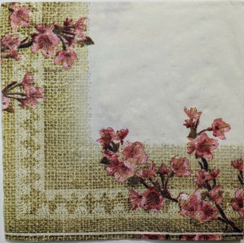 TWO Individual Paper Cocktail Decoupage Napkins- Burlap w/ Pink Blossoms 1135