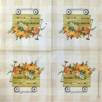 TWO Individual Paper Cocktail Decoupage Napkins - 1671 Pumpkin Wagon