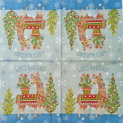 TWO Individual Paper Cocktail Decoupage Napkins - 1771 "Fleece Navidad" Llama